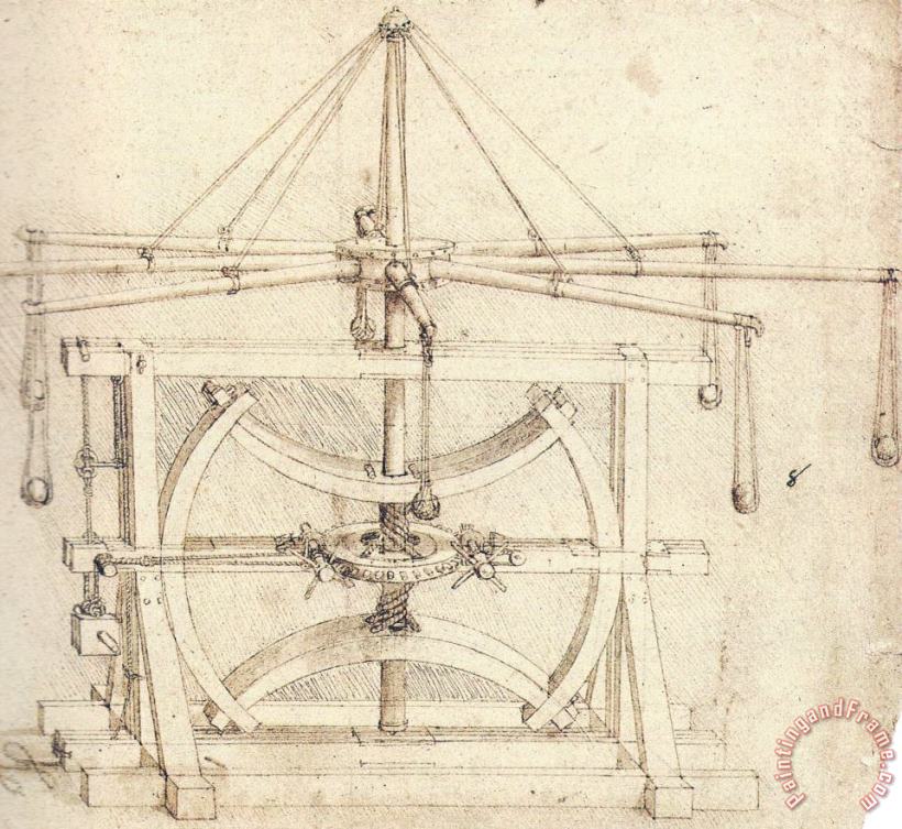 Flywheel Mechanical Drawing painting - Leonardo da Vinci Flywheel Mechanical Drawing Art Print