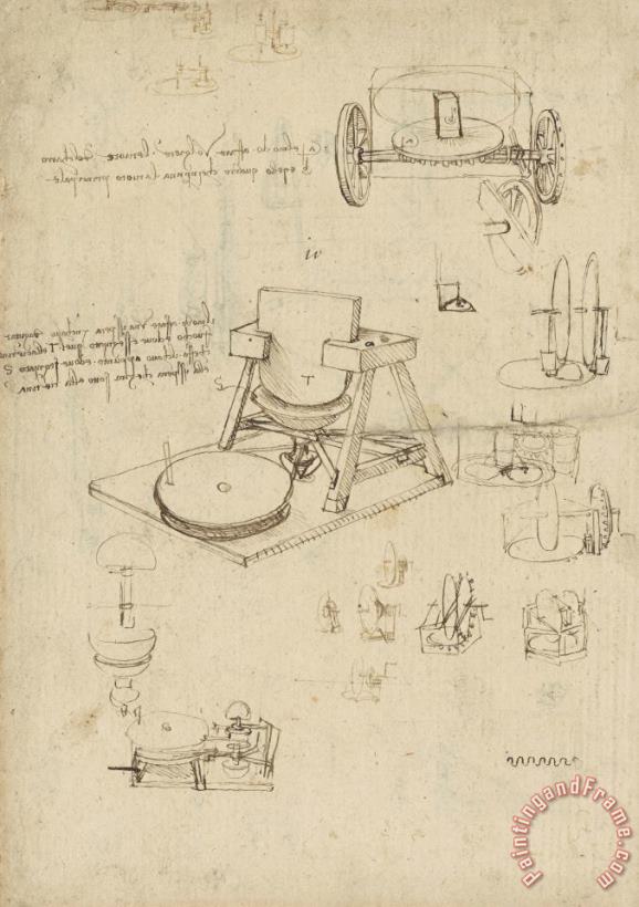 Polishing Machine Formed By Two Wheeled Carriage From Atlantic Codex painting - Leonardo da Vinci Polishing Machine Formed By Two Wheeled Carriage From Atlantic Codex Art Print