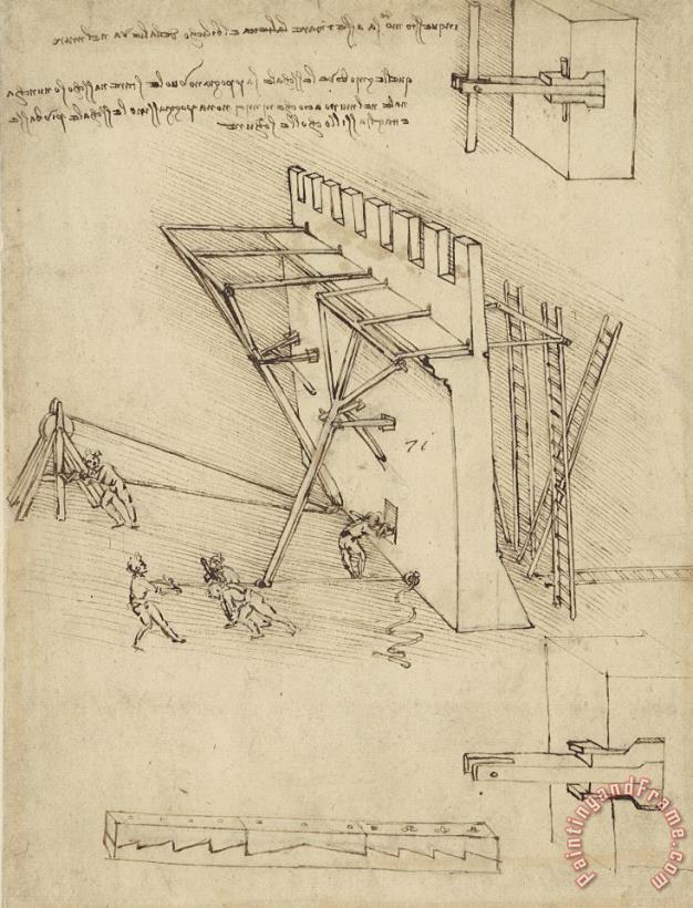 Leonardo da Vinci Siege Machine In Defense Of Fortification With Details Of Machine From Atlantic Codex Art Print
