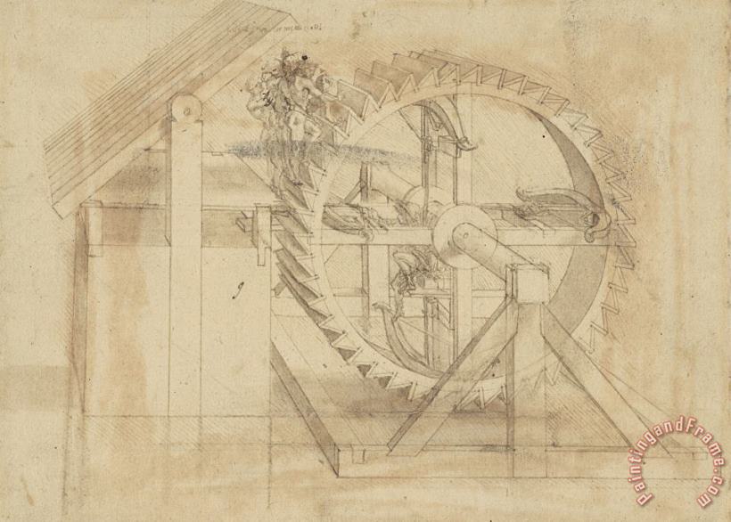 Leonardo da Vinci War Machine Composed Of Big Wheel With 44 Steps Set In Motion By Weight Of Ten Men And By Soldier Art Print