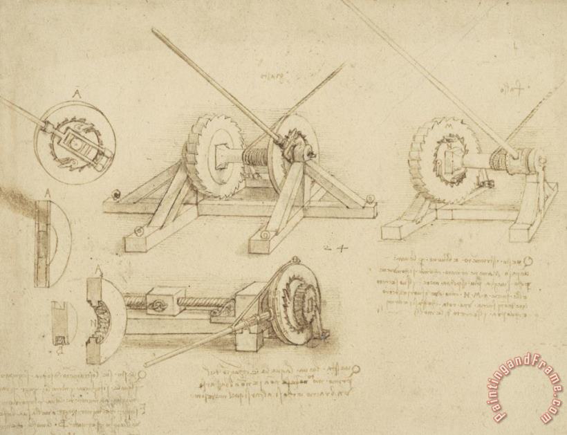 Winch Great Spring Catapult And Ladder From Atlantic Codex painting - Leonardo da Vinci Winch Great Spring Catapult And Ladder From Atlantic Codex Art Print