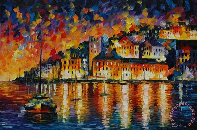 Night Harbor painting - Leonid Afremov Night Harbor Art Print