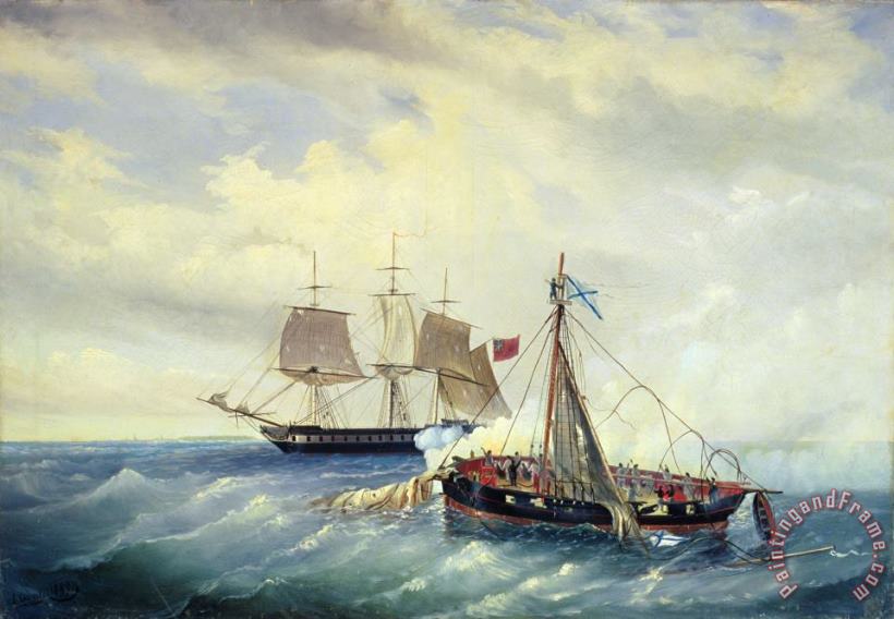 Battle between the Russian ship Opyt and a British frigate off the coast of Nargen Island painting - Leonid Demyanovich Blinov Battle between the Russian ship Opyt and a British frigate off the coast of Nargen Island Art Print