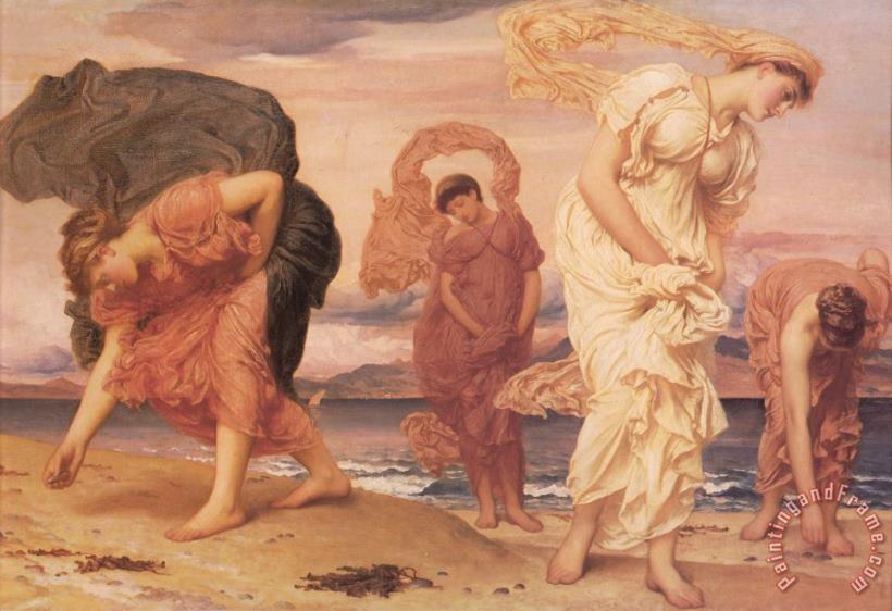 Greek Girls Picking Up Pebbles by The Sea painting - Lord Frederick Leighton Greek Girls Picking Up Pebbles by The Sea Art Print