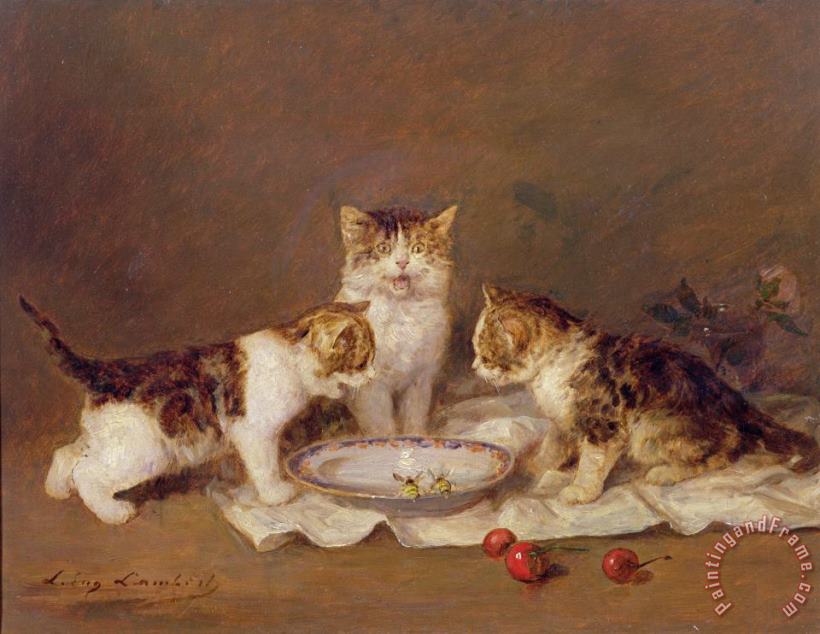 Three cats - red cherries and bees painting - Louis Eugene Lambert Three cats - red cherries and bees Art Print