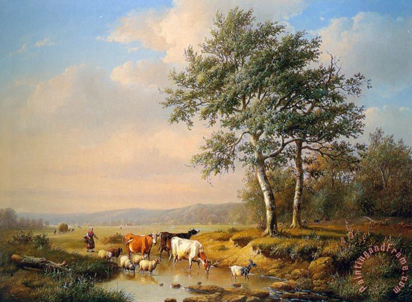 Louis Pierre Verwee An Extensive Landscape with Cattle Watering Art Print