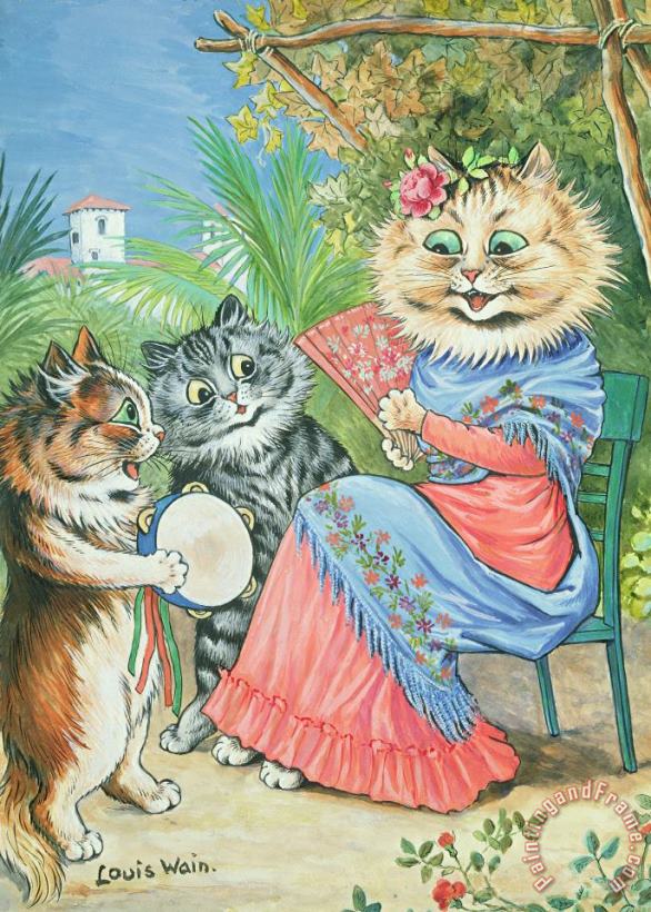 Louis Wain Mother cat with fan and two kittens Art Painting