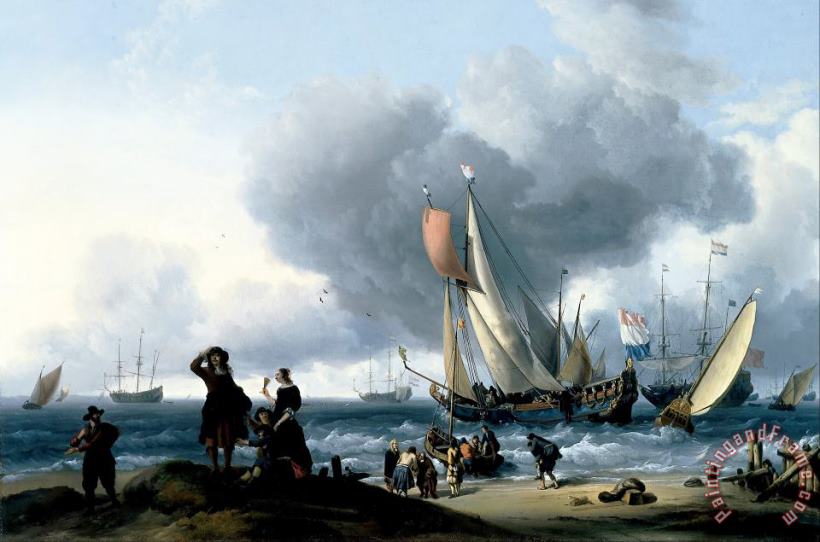 Ludolf Backhuysen Dutchman Embarking Onto a Yacht Art Print