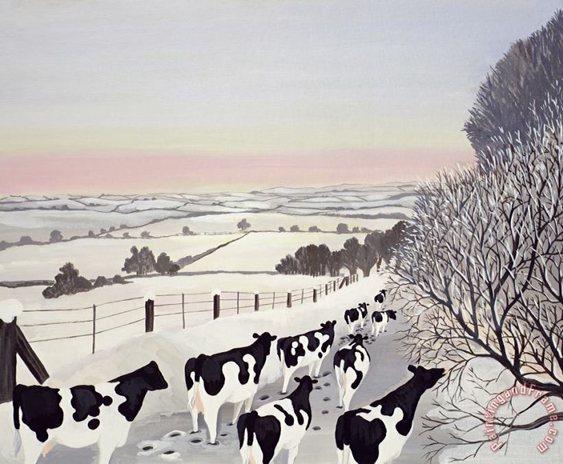 Friesians in Winter painting - Maggie Rowe Friesians in Winter Art Print