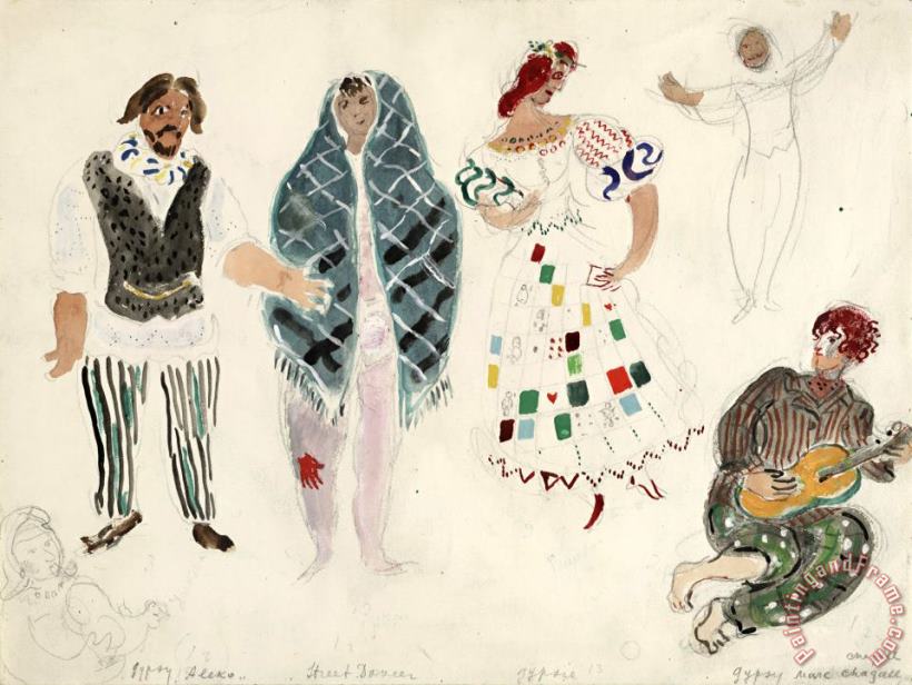 A Street Dancer And Gypsies, Costume Design for Aleko (scene Ii). (1942) painting - Marc Chagall A Street Dancer And Gypsies, Costume Design for Aleko (scene Ii). (1942) Art Print