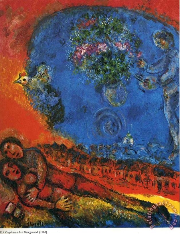 Marc Chagall Couple on a Red Background 1983 Art Painting