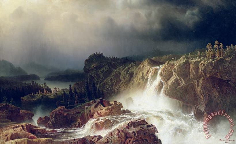 Rocky Landscape With Waterfall In Smaland painting - Marcus Larson Rocky Landscape With Waterfall In Smaland Art Print