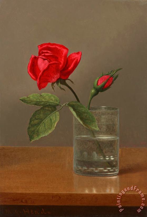 Martin Johnson Heade Red Rose And Bud in a Tumbler on a Shiny Table Art Painting