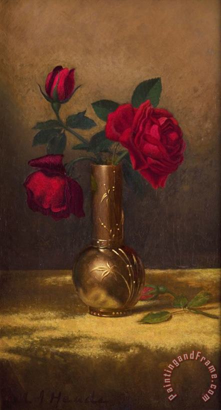 Martin Johnson Heade Red Roses in a Japanese Vase on a Gold Velvet Cloth Art Painting