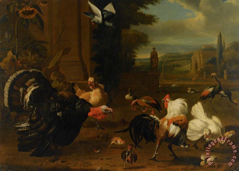 A Palace Garden with Exotic Birds And Farmyard Fowl painting - Melchior de Hondecoeter A Palace Garden with Exotic Birds And Farmyard Fowl Art Print