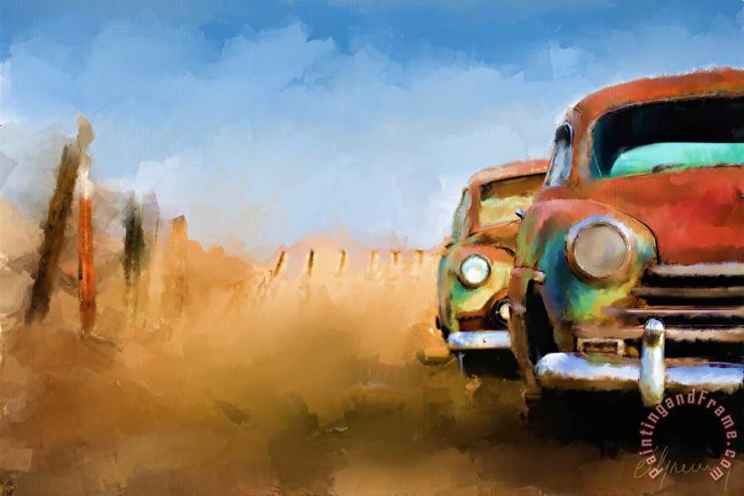 Michael Greenaway Old Cars Rusting painting Art Print