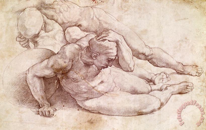 Study of Three Male Figures painting - Michelangelo Study of Three Male Figures Art Print