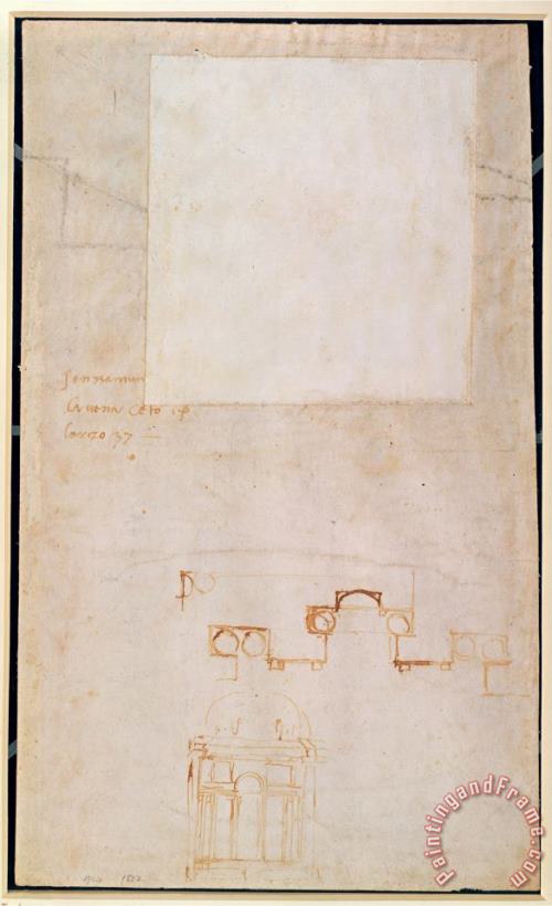 Michelangelo Buonarroti Architectural Study with Notes Brown Pen on Paper Recto Art Print