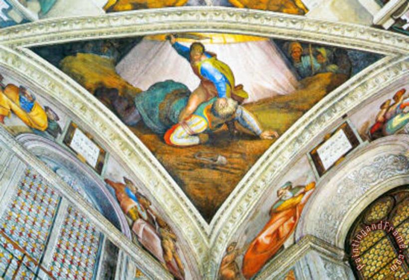 Ceiling Fresco of Creation in The Sistine Chapel Scene in Bezel David an painting - Michelangelo Buonarroti Ceiling Fresco of Creation in The Sistine Chapel Scene in Bezel David an Art Print