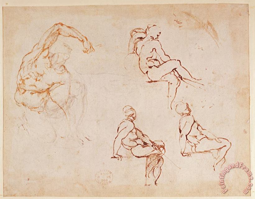 Figure Studies for a Man Brown Ink painting - Michelangelo Buonarroti Figure Studies for a Man Brown Ink Art Print