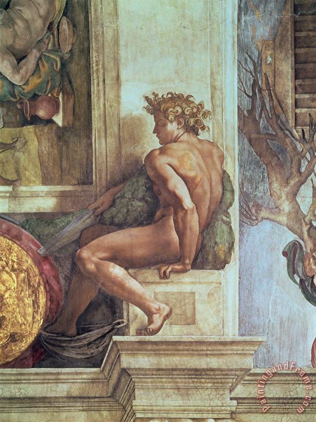 Ignudo From The Sistine Ceiling Pre Restoration painting - Michelangelo Buonarroti Ignudo From The Sistine Ceiling Pre Restoration Art Print