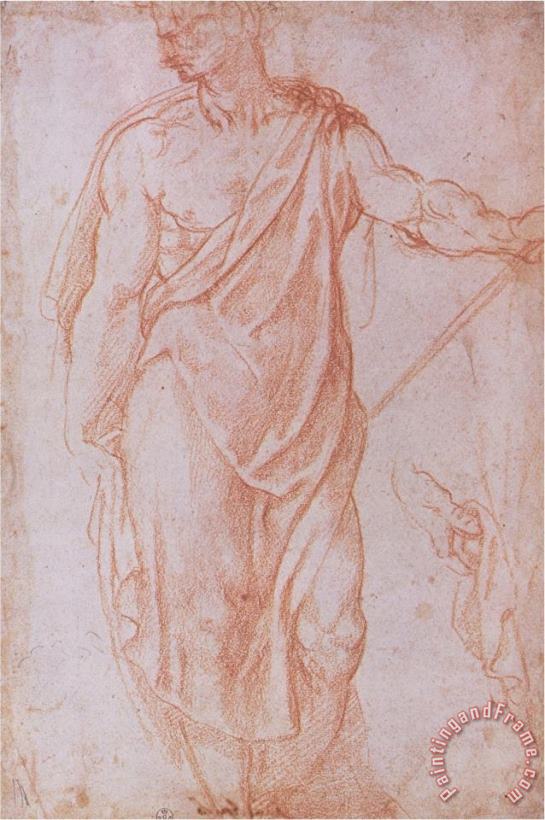 Michelangelo Buonarroti Sketch of a Man Holding a Staff And a Study of a Hand Art Painting