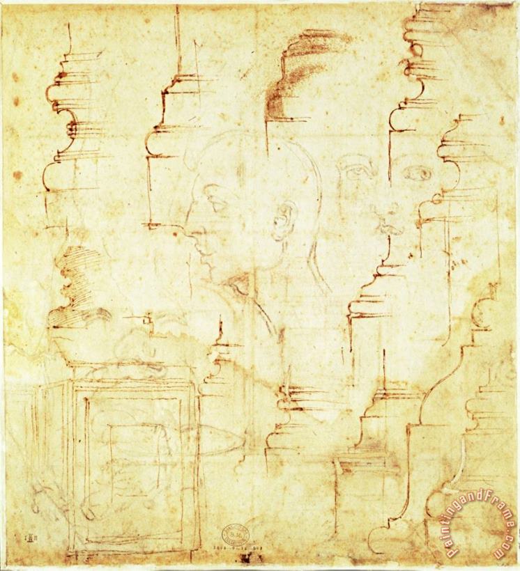 Sketches of a Column And Faces painting - Michelangelo Buonarroti Sketches of a Column And Faces Art Print
