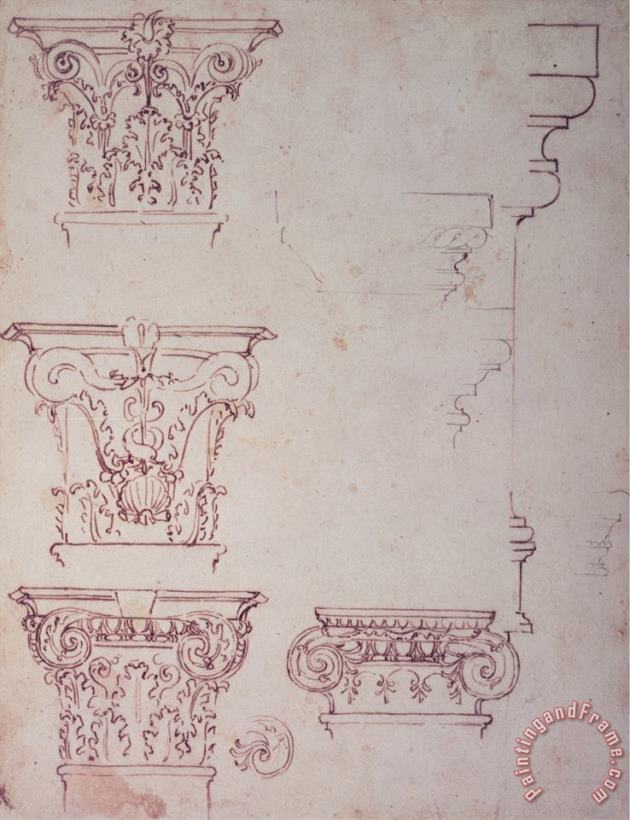 Michelangelo Buonarroti Studies for a Capital Brown Ink Art Painting