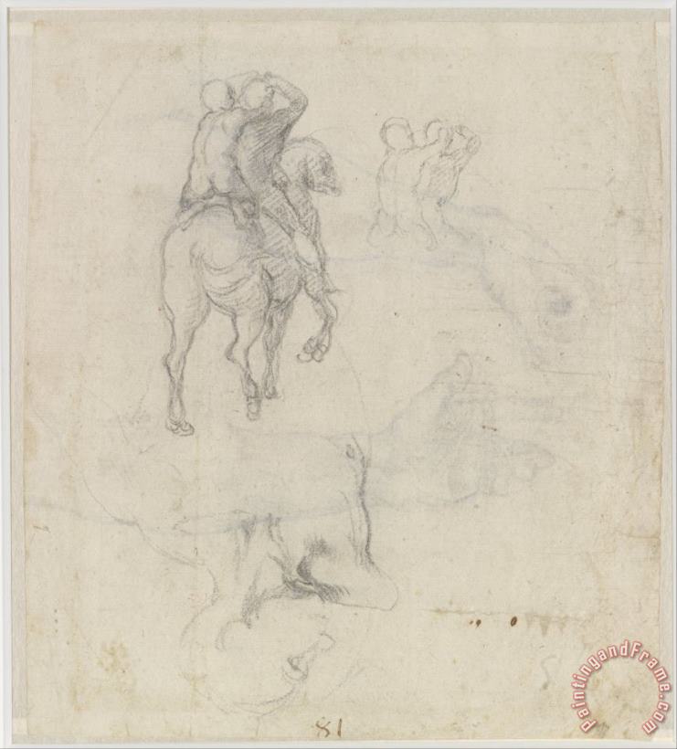 Studies of a Horse with Two Nude Riders And a Male Torso painting - Michelangelo Buonarroti Studies of a Horse with Two Nude Riders And a Male Torso Art Print