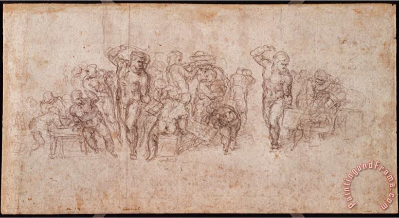 Michelangelo Buonarroti Study of Figures for a Narrative Scene Black Chalk on Paper Recto for Verso See 191764 Art Print