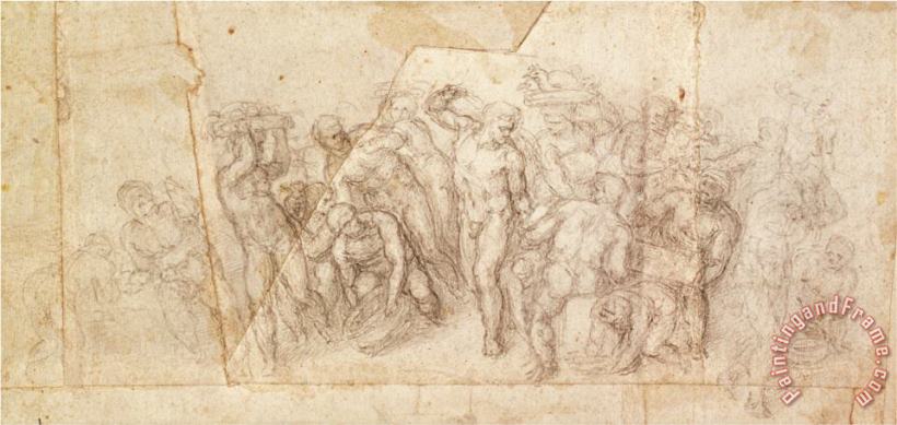 Michelangelo Buonarroti Study of Figures for a Narrative Scene Charcoal on Paper Recto Art Painting