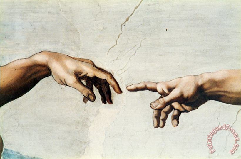 The Creation of Adam Detail of God S And Adam S Hands From The Sistine Ceiling painting - Michelangelo Buonarroti The Creation of Adam Detail of God S And Adam S Hands From The Sistine Ceiling Art Print