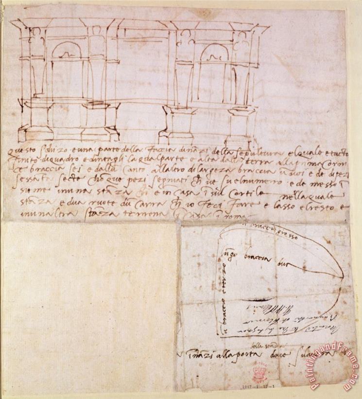 Michelangelo Buonarroti W 23r Architectural Sketch with Notes Art Print