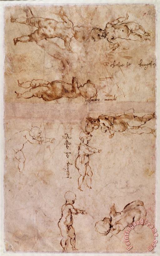W 4v Page of Sketches of Babies Or Cherubs painting - Michelangelo Buonarroti W 4v Page of Sketches of Babies Or Cherubs Art Print