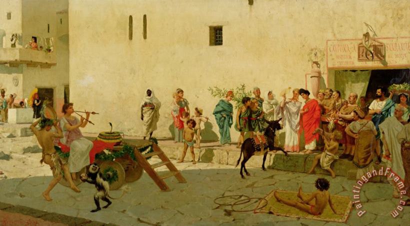 A Roman Street Scene with Musicians and a Performing Monkey painting - Modesto Faustini A Roman Street Scene with Musicians and a Performing Monkey Art Print
