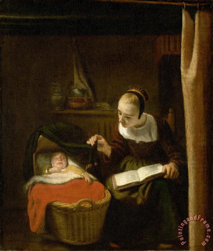 Young Woman at a Cradle painting - Nicolaes Maes Young Woman at a Cradle Art Print