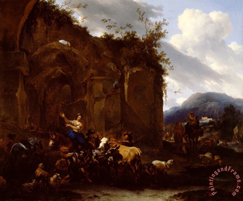 A Farrier And Peasants Near Roman Ruins painting - Nicolaes Pietersz Berchem A Farrier And Peasants Near Roman Ruins Art Print