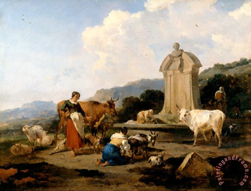 Nicolaes Pietersz Berchem Roman Fountain with Cattle And Figures (le Midi) Art Painting