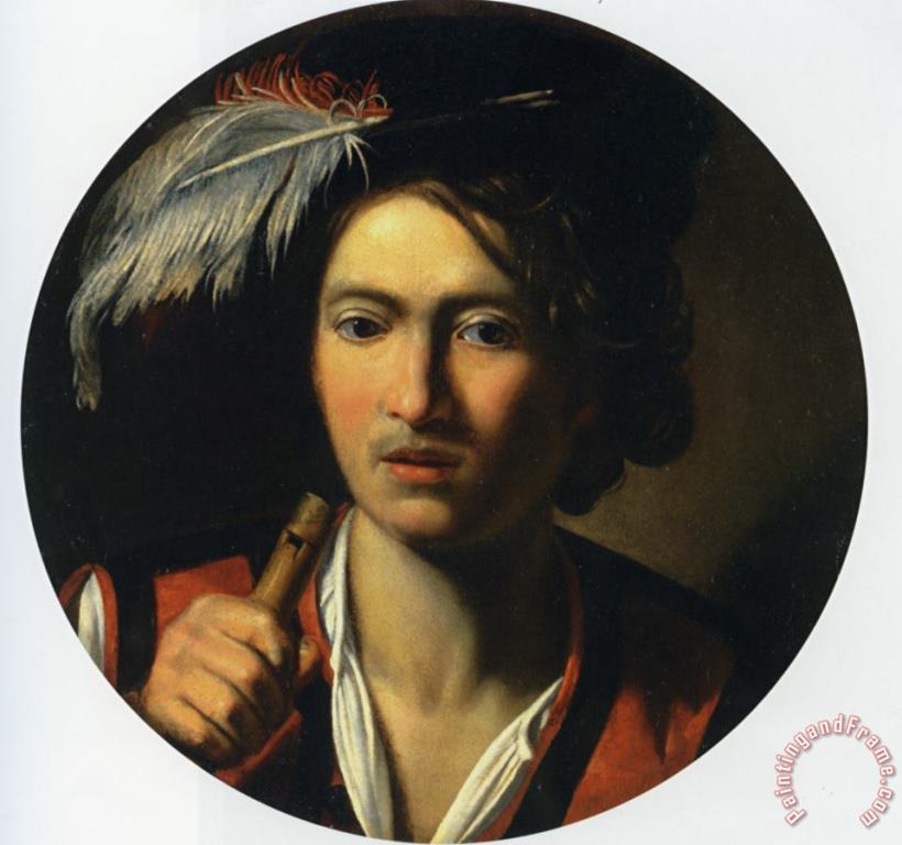 Nicolas Regnier Portrait of a Young Man Bust Length Holding a Flute And Wearing a Feather in His Hat Art Painting