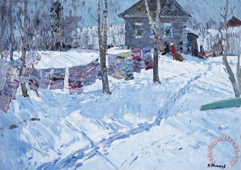 Winter Laundry Line painting - Nikolai Efimovich Timkov Winter Laundry Line Art Print