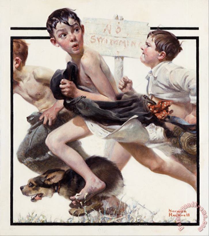 No Swimming 1921 painting - Norman Rockwell No Swimming 1921 Art Print