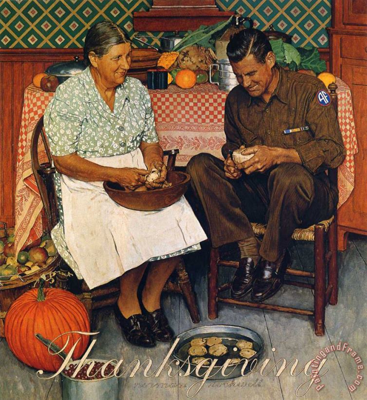Thanksgiving Mother And Son Peeling Potatoes 1945 painting - Norman Rockwell Thanksgiving Mother And Son Peeling Potatoes 1945 Art Print