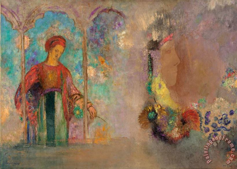 Woman in a Gothic Arcade Woman with Flowers painting - Odilon Redon Woman in a Gothic Arcade Woman with Flowers Art Print