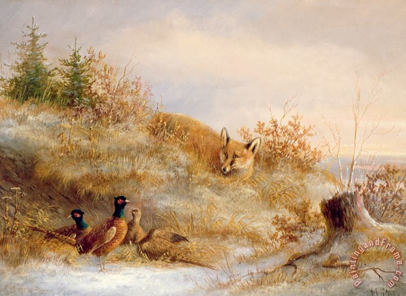 Others Fox and Pheasants in Winter Art Painting