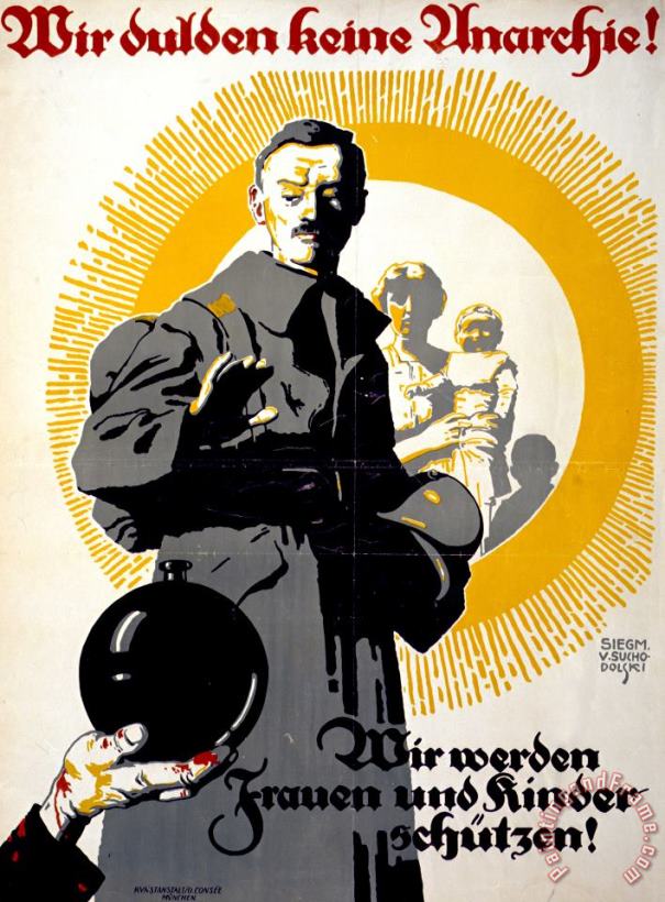 German Political Poster Shows A Soldier Standing In Front Of A Woman And Her Children painting - Others German Political Poster Shows A Soldier Standing In Front Of A Woman And Her Children Art Print