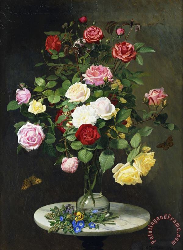 A Bouquet Of Roses In A Glass Vase By Wild Flowers On A Marble Table painting - Otto Didrik Ottesen A Bouquet Of Roses In A Glass Vase By Wild Flowers On A Marble Table Art Print