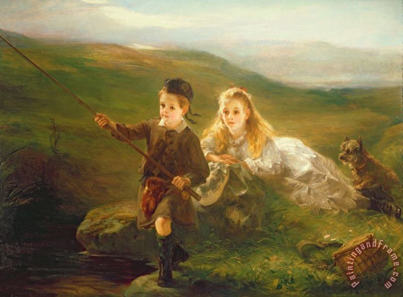 Otto Leyde Two Children Fishing in Scotland Art Painting