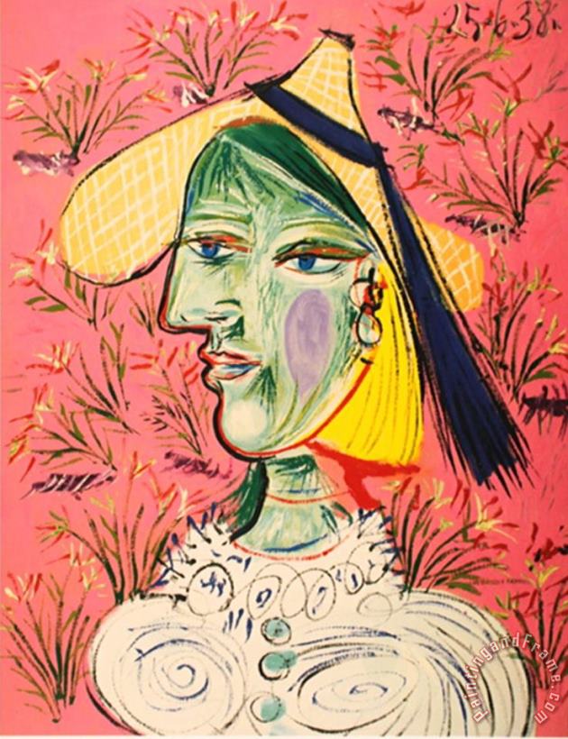 Pablo Picasso Femme Au Chapeau De Paille Sur Fond Fleuri Art Painting