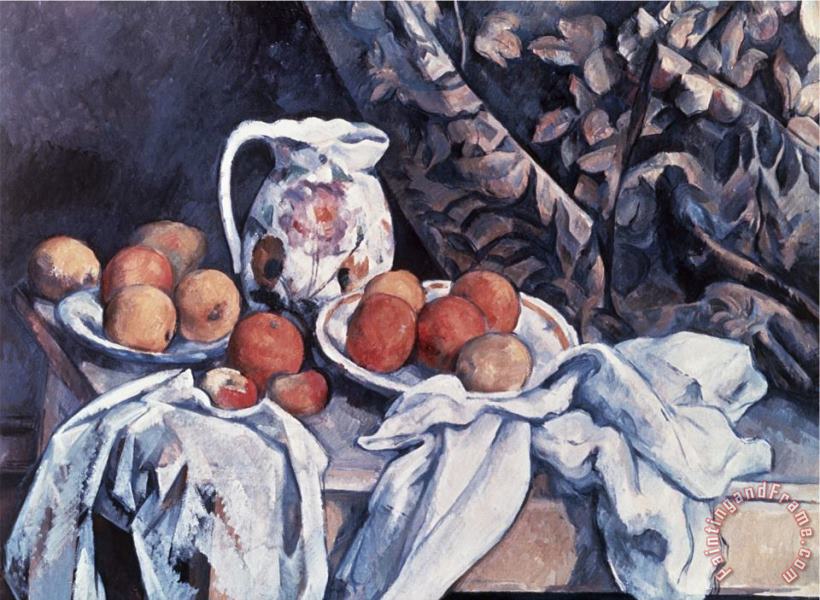 Curtain Carafe And Fruit Still Life with Drapery painting - Paul Cezanne Curtain Carafe And Fruit Still Life with Drapery Art Print