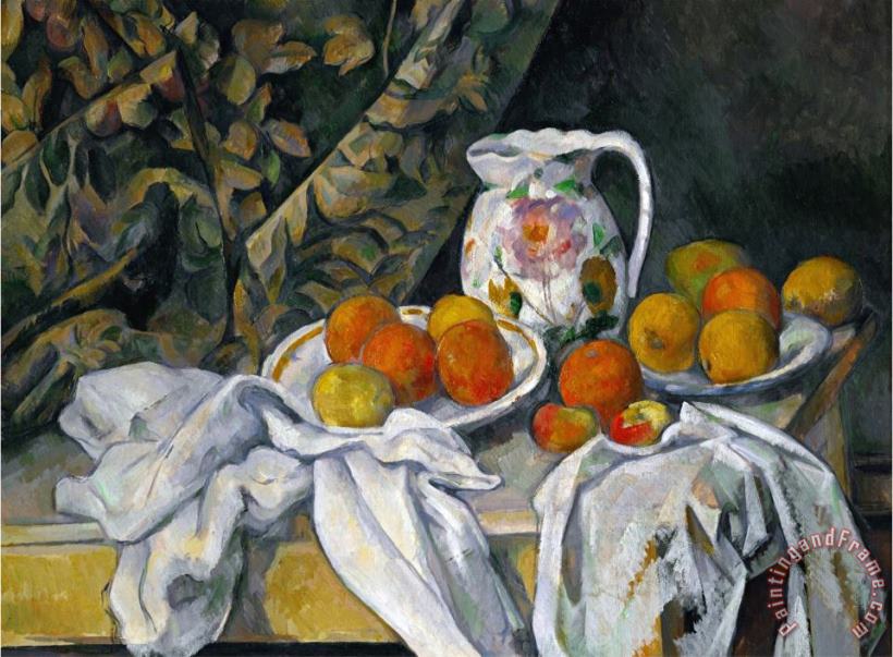 Still Life with Curtain And Flowered Pitcher 1899 painting - Paul Cezanne Still Life with Curtain And Flowered Pitcher 1899 Art Print